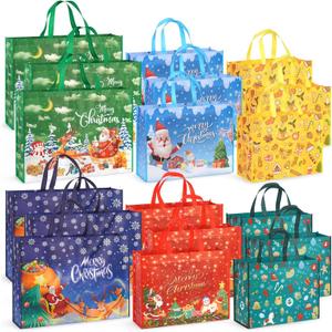 PARSUP 18PCS Giant Christmas Gift Bags, Assorted Sizes, Non-Woven Christmas Bags Reusable Heavy Duty Sewing Treat Grocery Tote with Handles for Gifts Wrapping Shopping, Xmas Party Supplies (Red, Blue, Green, Yellow)