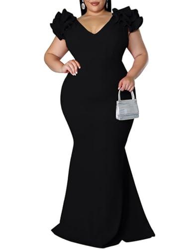 Women's Plus Size Maxi Dress Elegant V-Neck Ruffle Sleeves Bodycon Mermaid Dresses Evening Gown Black 5XL