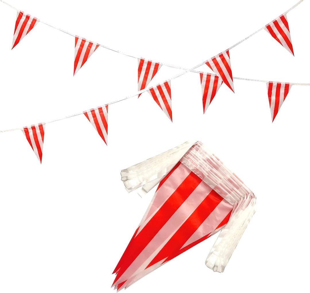 100 Feet Red & White Striped Pennant Banner Flags String 60 PCS Indoor/Outdoor Triangle Bunting Flags,Party Decorations Supplies for Carnival Circus,Kids Birthday,Festival Celebration