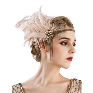 SWEETV 1920s Headpiece Flapper Headband, Rhinestone Pearl Feather Hair Band Great Gatsby Headpiece Accessoreis for Women, Champagne