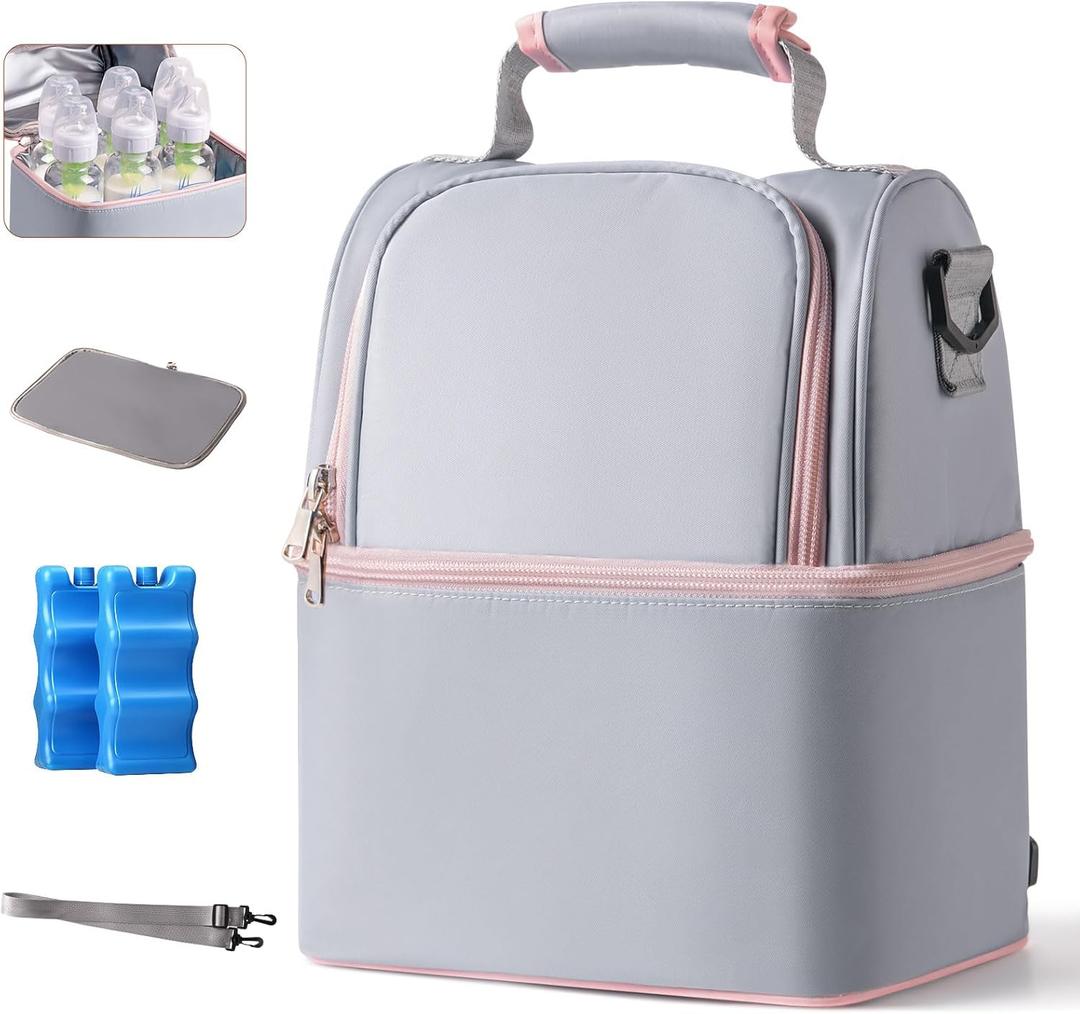 NCVI Breastmilk Cooler Bag with 2 Ice Pack, Breast Pump Bag with Cooler Fits 6 Bottles, Double Layer Breast Milk Baby Bottle Cooler Bag, for Travel, Nursing Mom Daycare, Work, Picnic (Grey)