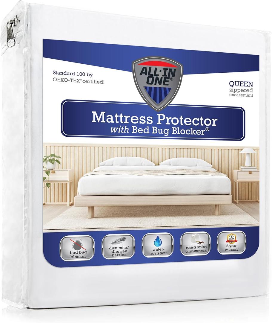 All-in-One Quiet Water Resistant Zip-Up Mattress Protector to Help Protect Against Irritants, Queen, White (FRE146XXWHIT03)