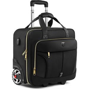 Rolling Laptop Bag,Rolling Briefcase for Men & Women,Laptop Briefcase on Wheels,Carry On Bag for Business Travel (17.3 inch, Black+Gold Zipper)