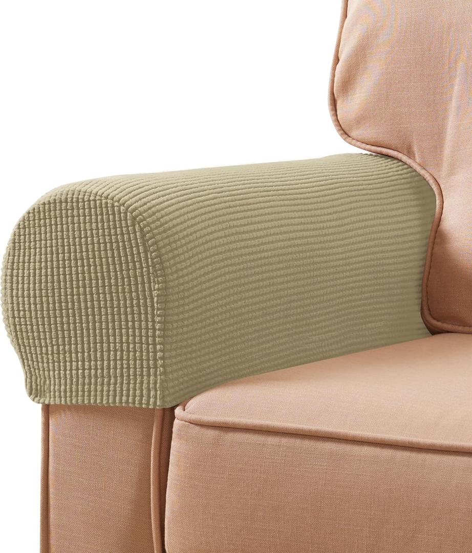 SUBRTEX Stretch Couch Arm Covers Set of 2, Checkered Sofa Arm Slipcovers, Anti-Slip Armrest Covers for Recliner and Armchairs, Pet Proof, High Stretchy, Hook & Loop Tape, Beige
