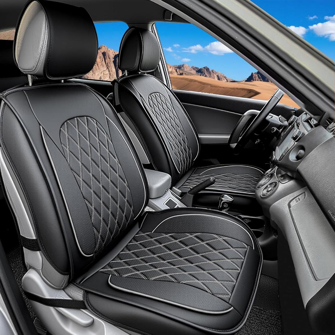 LINGVIDO Car Seat Covers Full Set (5 Seats) - Premium Perforated Nappa Leather, Waterproof Shield, Omni-Adapt Fit SUVs Sedans, Ultimate Family & Pet Protection (Black & Gray Line)