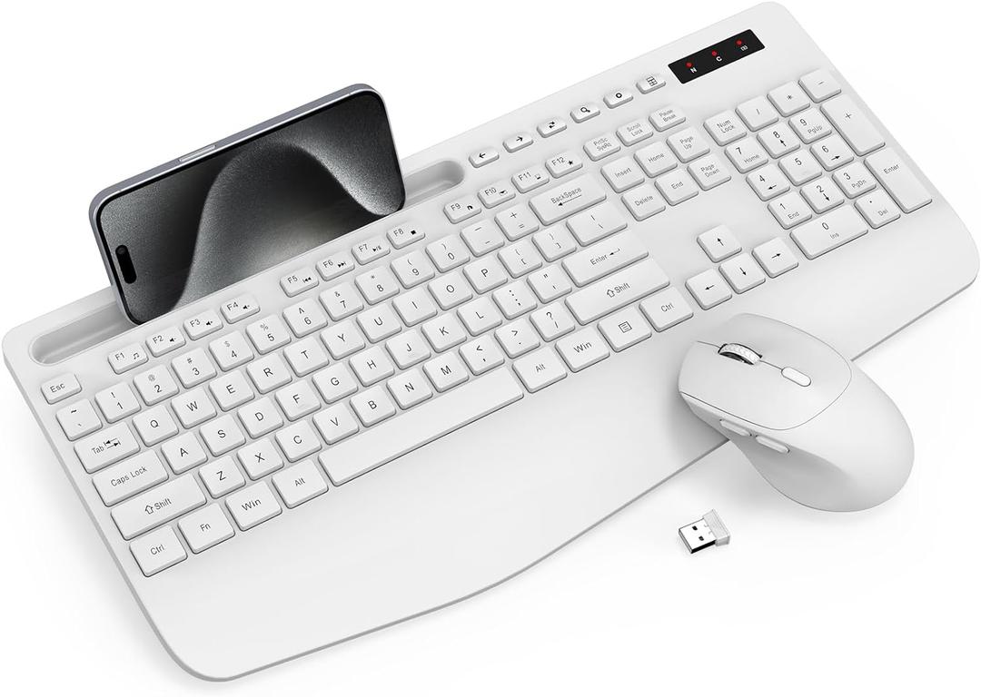 Wireless Keyboard and Mouse Combo - Full-Sized Ergonomic Keyboard with Wrist Rest, Phone Holder, Sleep Mode, Silent 2.4GHz Cordless Keyboard Mouse Set for PC, Laptop - Trueque (Pure White, 1 Pack)
