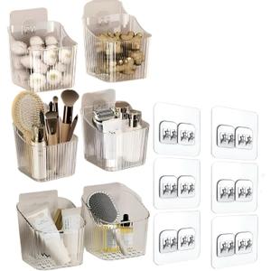 6Pack small Wall Mount Organizer, Adhesive Cabinet Door Storage Bins, Clear Makeup Container, Stackable Organizer Basket for Kitchen, Bathroom, rv, Pantry, Office Refrigerator Small Items storage