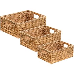 3 Pack Natural Water Hyacinth storage basket with Handle, Rectangular Wicker Basket for Organizing, Decorative Wicker Storage Basket for Living Room, 3 Mixed Sizes