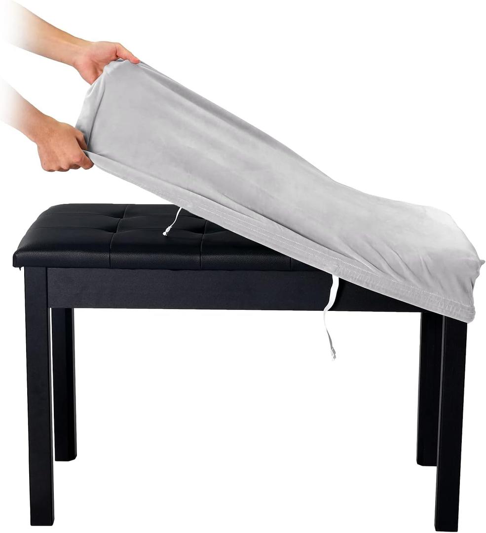SINOSSO Soft Velvet 2-Person Piano Bench Cover, (27.5"- 36.5") L x (12"- 16") W Rectangle Stretch Washable Stool Upholstered Protector Slipcover, (M, Light Grey)