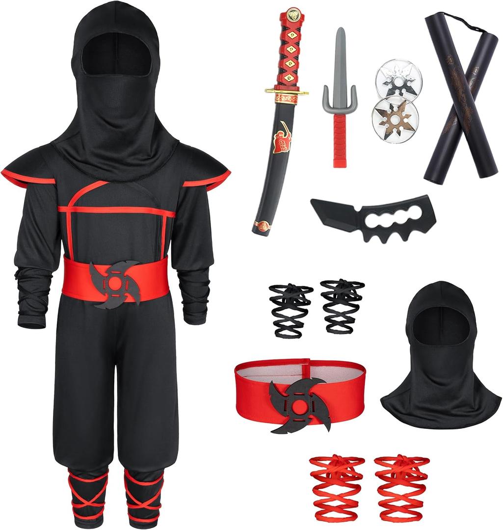Ninjia Costume for Boys & Girls - Kids Ninja Costume Suit with Deluxe Ninja Accessories for Halloween Cospaly Dress Up (S ( 3-5 Years ), Red & Black 1)