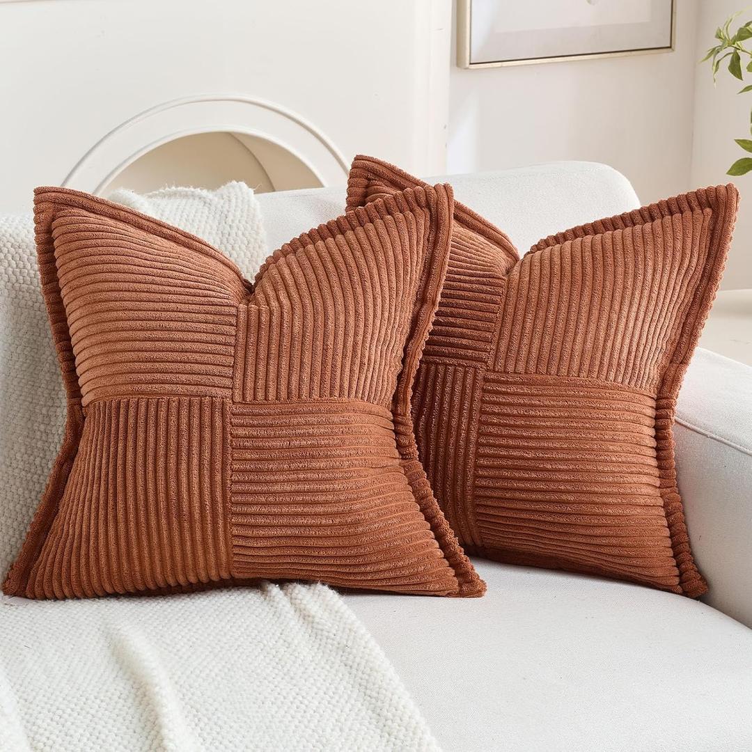HAUSSY Pack of 2 Corduroy Throw Pillow Covers24x24 Inch, Rust | Decorative Striped Soft Boho Farmhouse Pillowcases, Machine Washable, Couch Bed Sofa Living Room Home Decor, No Insert
