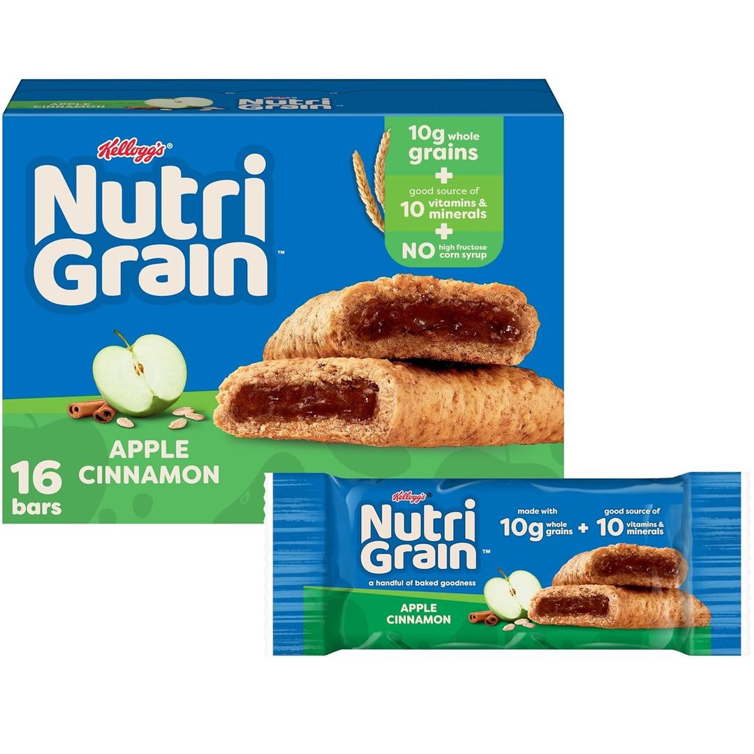 Nutri-Grain Breakfast Bars, Made with 10g Whole Grains, Snack Bars, Apple Cinnamon, 20.8oz Box (16 Bars), Best By: 04/10/2026