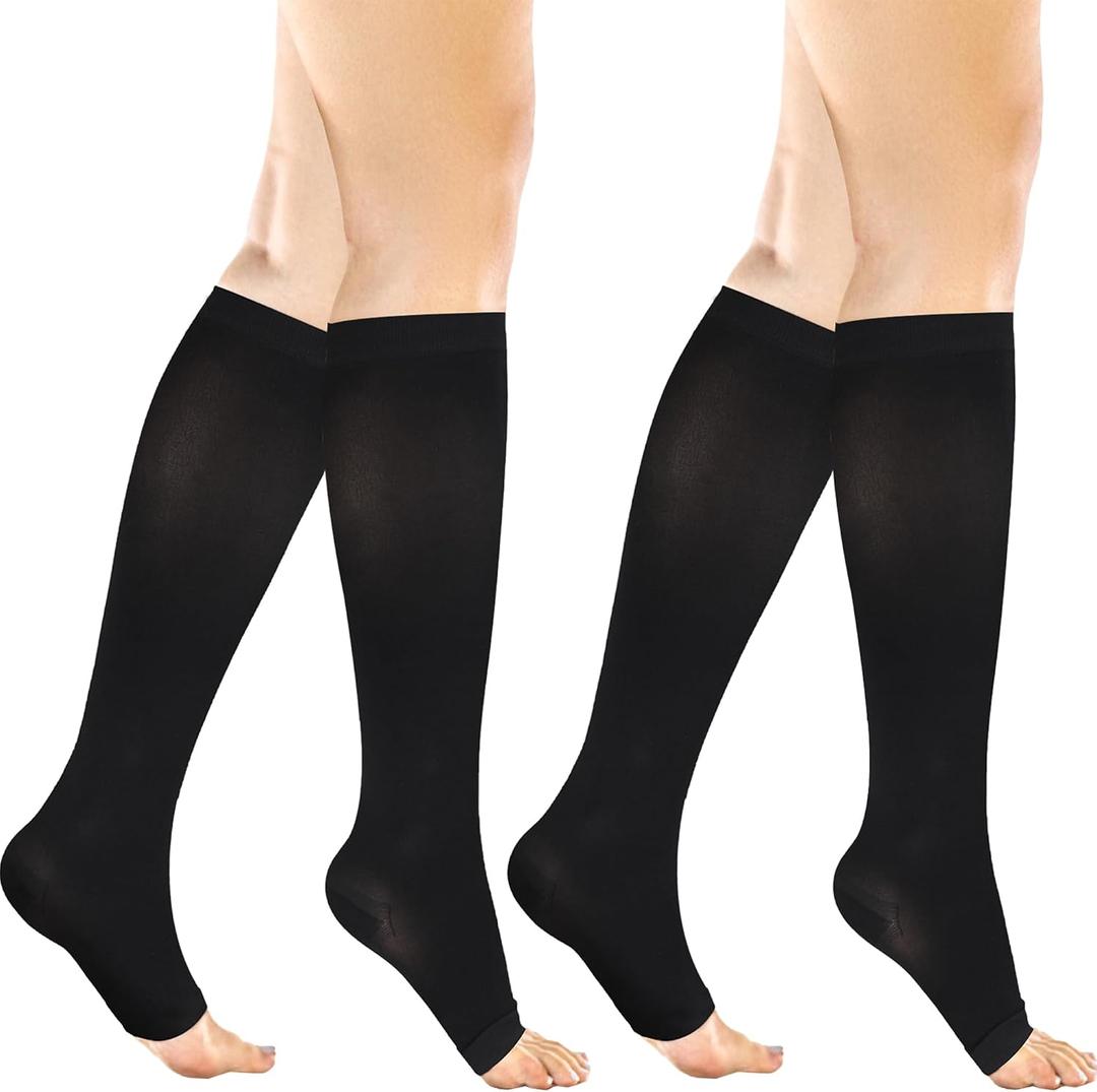 +MD 2 Pairs Compression Socks for Women & Men Medical Grade 20-30 mmHg, Open-Toe knee High Stocking, Support for edema, Varicose Veins, Black, Medium