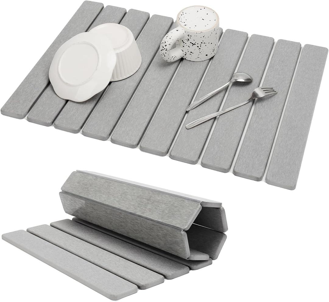 Large Stone Dish Drying Mat for Kitchen Counter, Eco-friendly, Instant Drying Pad,Diatomaceous Earth Water Absorbing Mat, Foldable and Super Absorbent Dish Drying Stone Mat, 24"16", Light Gray