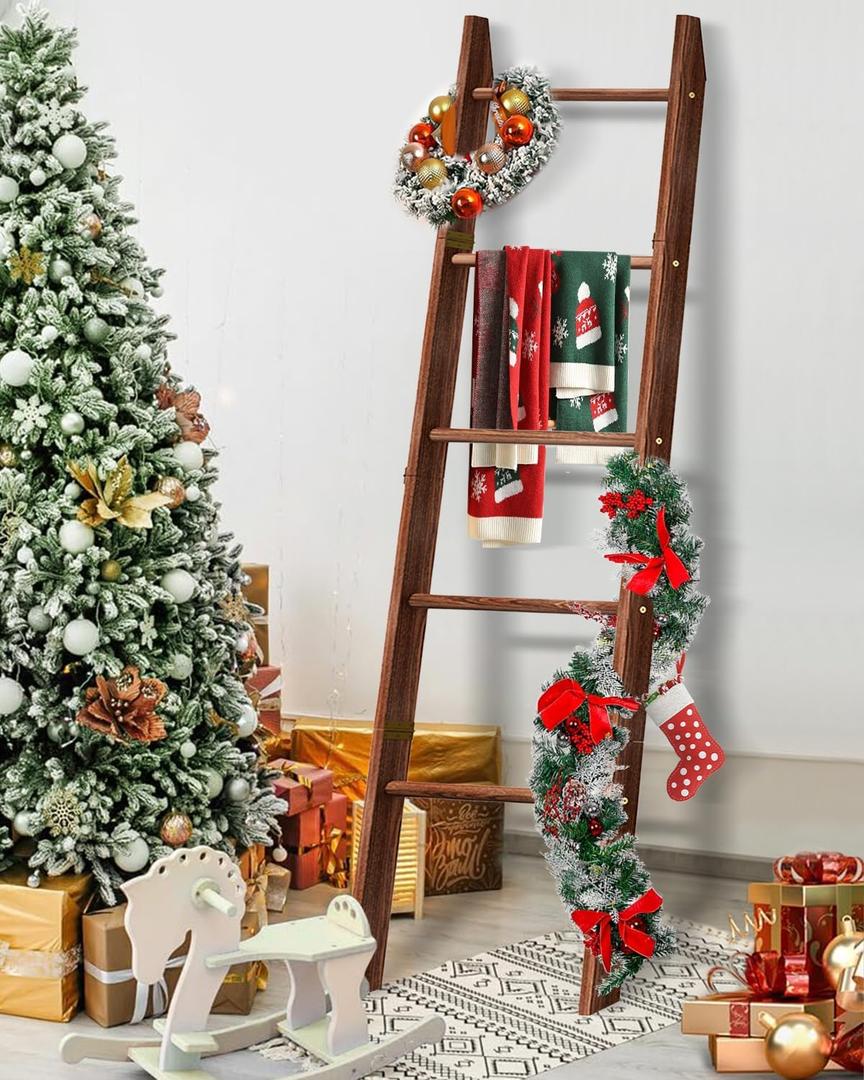 Blanket Ladder for Living Room, 5-Tier Wooden Ladder Shelf, Rustic Decorative Blanket Rack for Blankets, Quilts, Farmhouse Decor Ladder Shelf for Bedroom Bathroom Home Christmas Decor, Brown