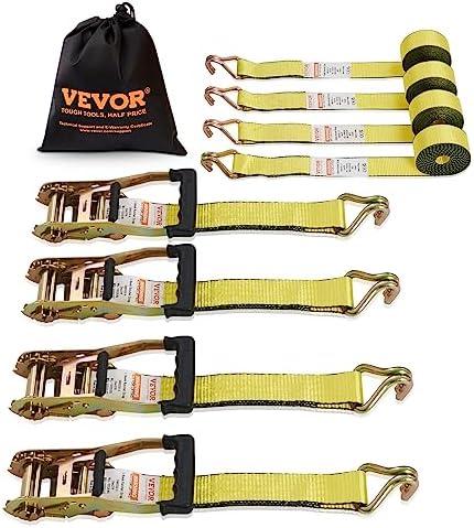 VEVOR Ratchet Tie Down Straps (8PK), 5000lbs Breaking Strength 2''×15' Heavy Duty Tie Down Straps with J Hook & Padded Handles for Moving Motorcycle, Trailer & Trucks (Yellow)