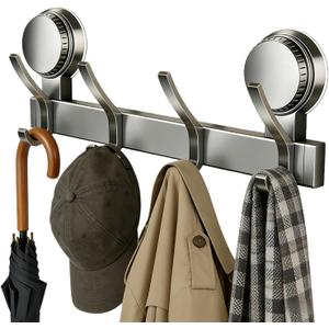 4 Hooks Coat Rack, Dual Suction Cup Wall Mount for Hanging, No Drill Suction Towel Bar and Hat Rack for Hanging Towels Coats Hats (4 Hooks, Gray)