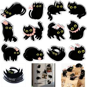 12 Pack Flower Cat Cute Magnetic Chip Clips Black Cat Food Bag Clips Funny Magnets for Snack or for Use on The Fridge, Kitchen Organization and Home Use, Remove Protective Film