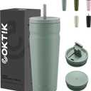 COKTIK 24oz Insulated Tumbler with Lid and Straw 2 Lids (Straw/Flip) Iced Coffee Cup Reusable Stainless Steel Travel Mug Water Bottle Cupholder Friendly for Women Men Her Him (Bay Leaf)