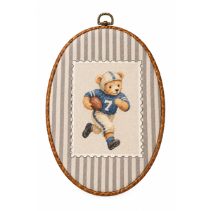 2 x Fewgb Vintage Football Bear Nursery Oval Wall Art Decor Framed, Rugby Baby Boys Toddler Kids Room Playroom Bedroom Canvas Wall Art Prints Picture, Neutral Striped Hanging Room Decor Artwork 9x12