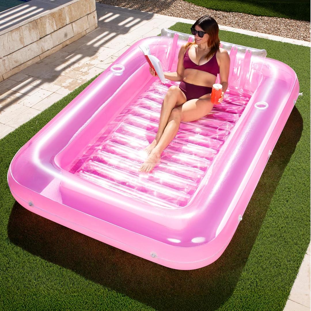 SLOOSH Inflatable Tanning Pool Lounger Float, 85" x 57" Extra Large Pool Floats Adult with Pillow, 4 in 1 Suntan Tub Raft Floatie, Sunbathing Bed Lounge for Water Blow Up Ball Pit Party Gifts, XL-Pink