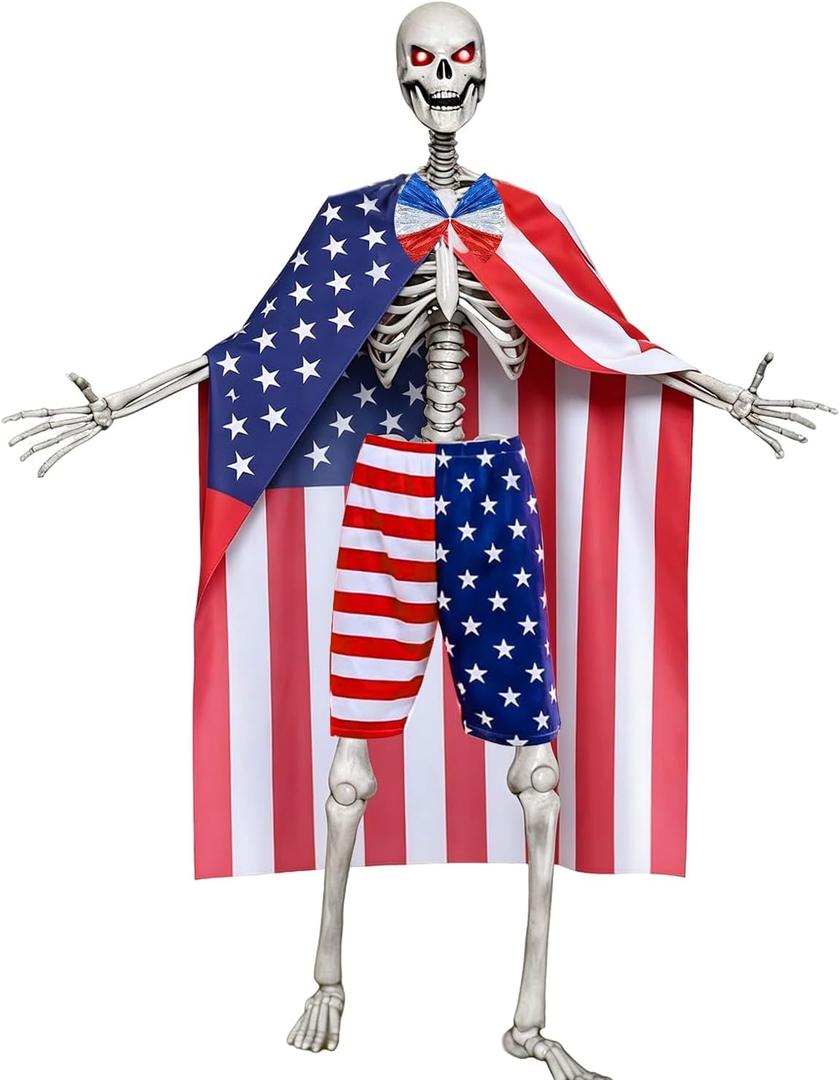 3 Pcs 12 Foot Skeleton 4th of July Outfit, USA Flag Skeleton Costume with Shorts, Tie and Banner for Independence Day Outdoor Garden Lawn Patriotic Party Decor