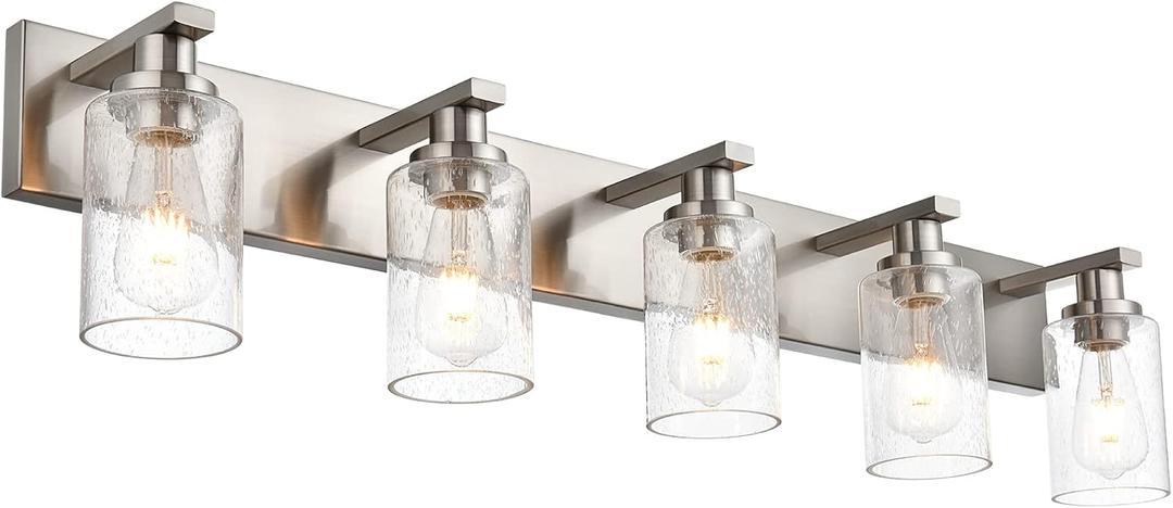 Bathroom Lights Fixtures Over Mirror, Brushed Nickel Vanity Lighting with 5 Seeded Glass Lampshades for Kitchen Living Room