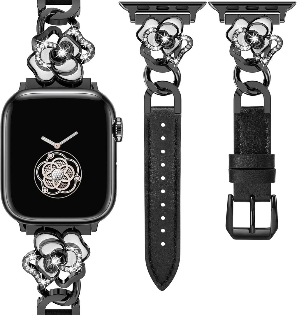 Minyee Compatible with Apple Watch Band 42/41/40/38/44/45/46/49mm Women, Dressy Slim Elegant Leather Metal Chain Strap with Bling Camellia Charms for iWatch Series 11 10 9 8 7 6 5 4 SE/Ultra 3 2 1 (Black/Black)