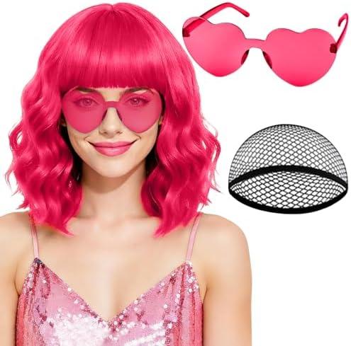 PLULON Hot Pink Wavy Bob Wig with Bangs Heart Sunglasses for Women, Colored Neon Funny Curly Bob Wigs with Hair Cap Synthetic Hair for Music Festival Clubs Carnival Bachelorette Cosplay Costume Party