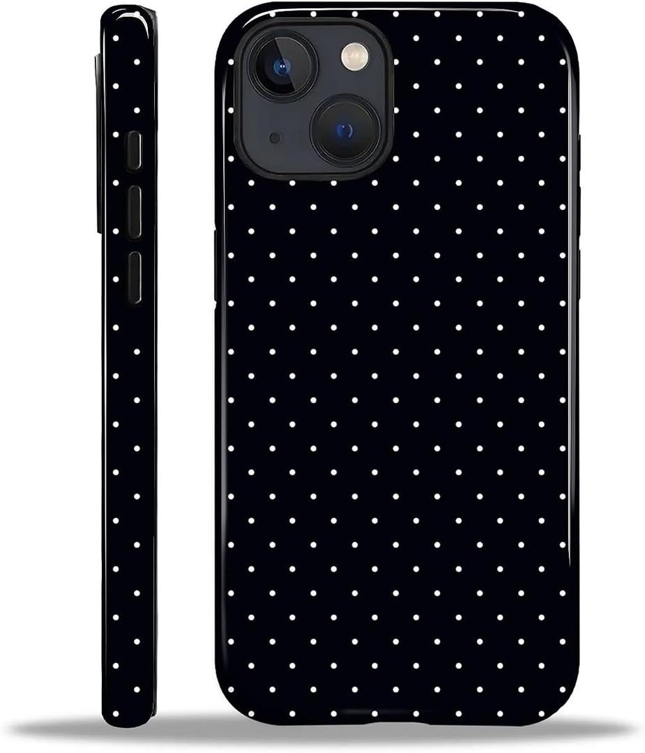for iPhone 15 Case,HL2 Polka Dot Black Hybrid 2 Layer Hard Shell Silicone Protective Pattern Design Case