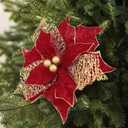 Alupssuc 10 PCS Poinsettia Christmas Flowers Artificial, Large Size 9 Inch Glitter Poinsettia Flowers Artificial, Sparkling Christmas Decorations for Xmas Tree Party Wreath Fireplace, Red Gold