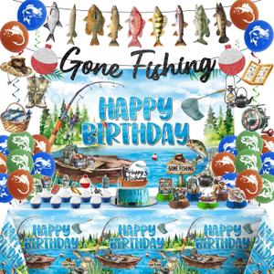 Fishing Birthday Party Decorations, 55 Pack Ofishally One Birthday Decorations, Gone Fishing Party Decorations includes Backdrop, Tablecloth, Banner, Balloons, Centerpieces, Cupcake Toppers