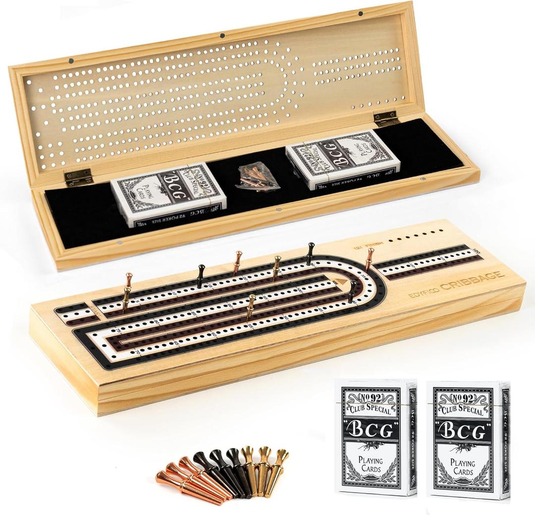 Cribbage Board Game Set, 3-Track Premium Wooden Cribbage Board with Magnetic Lock & Large Storage, 9 Metal Pegs, 2 Decks of Playing Cards - Classic Board Games for Adults Family (Instruction Include)