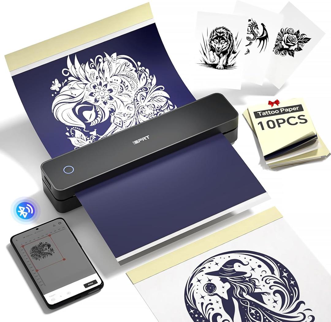 iDPRT Tatto Printers MT660& Ten Sheet Tattoo Paper, Thermal Bluetooth Printer Wireless for Travel, Inkless Printer Compatible with iOS, Android, Laptop