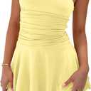 Women Sexy Tube Top Silk Dress Strapless Ruched Waist Ruffle Tiered Layer Mini Dress Party Short Dresses (Small, Light Yellow)