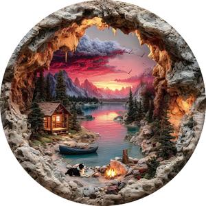 3D Visual Art Puzzles for Adults 1000 Pieces, Campfire Cabin Wilderness Nature Unique Hard 1000 Pieces Jigsaw Puzzles for Adults, 1000 Pieces Round Puzzle for Adults