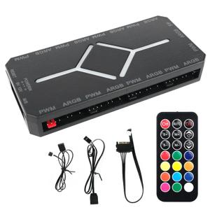 PWM Fan Hub for 5V Addressable ARGB Computer PC Case F An PWM 1 to 9 Ports Magnetic Fan Hub Splitter with Remote SA TA Power Supply, Black
