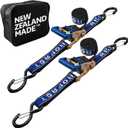Rear TRANSOM Boat Trailer Straps Ratchet TIE Downs Strap, Made in NZ - 1.5" x 4 Heavy Duty Rear Transom with PVC Hooks for Trailered Boats, Pontoons & Jetskis - 3,300lbs Break Strength - (Pair) Blue