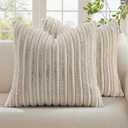 decorUhome Summer Cozy Faux Fur Throw Pillow Covers 18x18 Set of 2 Decorative Soft Plush Striped Modern Farmhouse Boho Couch Pillow Cases with Velvet Back for Sofa Bed Living Room, Beige White