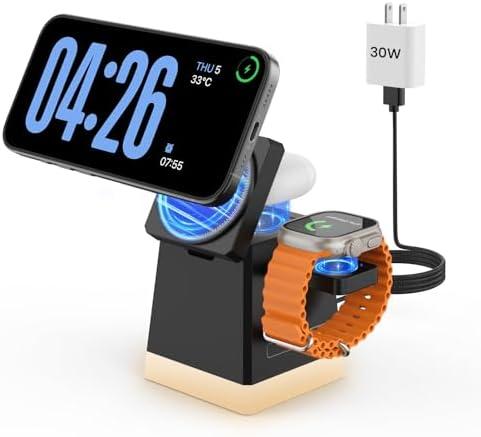 JoyGeek 3-in-1 Charger Stand: Foldable Wireless Charging Station with Night Light-Charger Dock for iPhone 15/ 14/ 13/ 12 Pro/ Max/ Plus, AirPods, Apple Watch 2-9