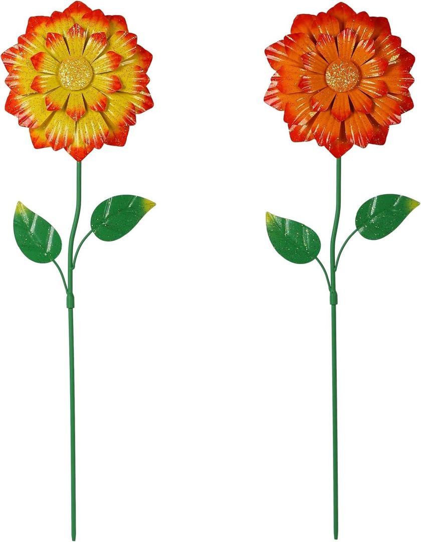 2 Pack Flower Garden Stakes Decor, 26.7 Inches Outdoor Metal Flower Shaking Head Yard Stake Decorations