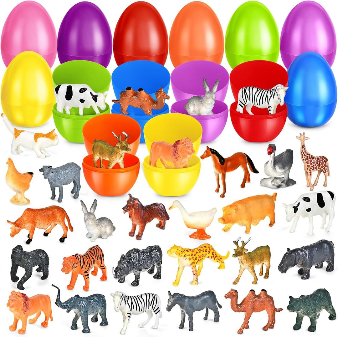 SpringFlower 24 Pack Filled Easter Eggs,Kids Easter Eggs Filled with Animal Toys,Easter Egg Hunt Basket Stuffers,Party Favors,Classroom Easter Gift for Girls Boys, Easter Basket Essentials