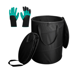 24 Gallons Collapsible Trash Can with Gloves, Camping Trash Can with Lid, Pop Up Garbage Can for Outdoor, Large Capacity Leaf Bags for Yard, Lawn, Reusable Garden Garbage Bag - Black