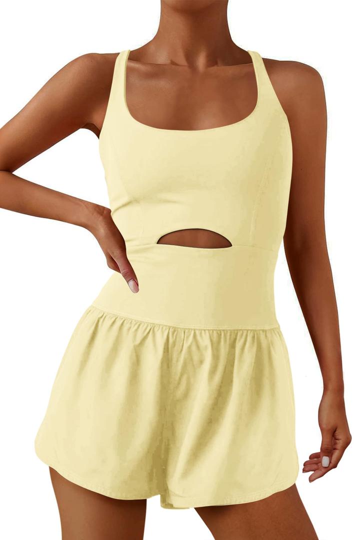ReachMe Womens Running Onesie Workout Rompers One Piece Work out Outfits Athletic Romper Jumpsuits(Light Yellow,S)