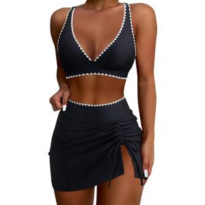 SUUKSESS Women High Waisted Bikini Sets with Skirt Sexy Crisscross Back Swimsuit (Large, Black)