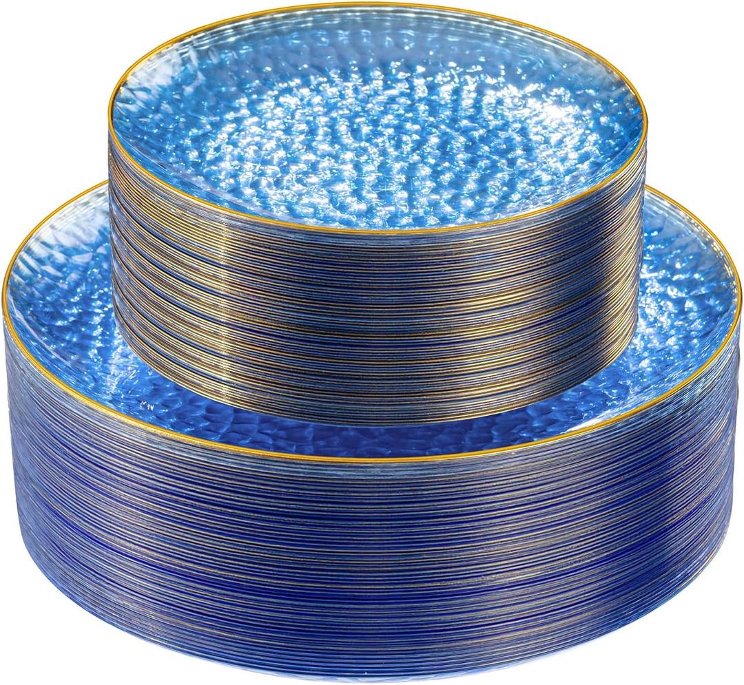SUT 100Pcs Blue Plastic Plates, Hammered Plates Disposable Heavy Duty, Blue Disposable Plates With Gold Rim, Fancy Plastic plates Include 50 Dinner plate and 50 Dessert plates for Wedding (Bule)