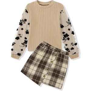 Girl Clothes Girls Outfits Flare-lace Sleeve Top and Plaid Skirt Dress Fall Winter 2Pcs Girls Clothes 6-14T (11-12 Years, Apricot)