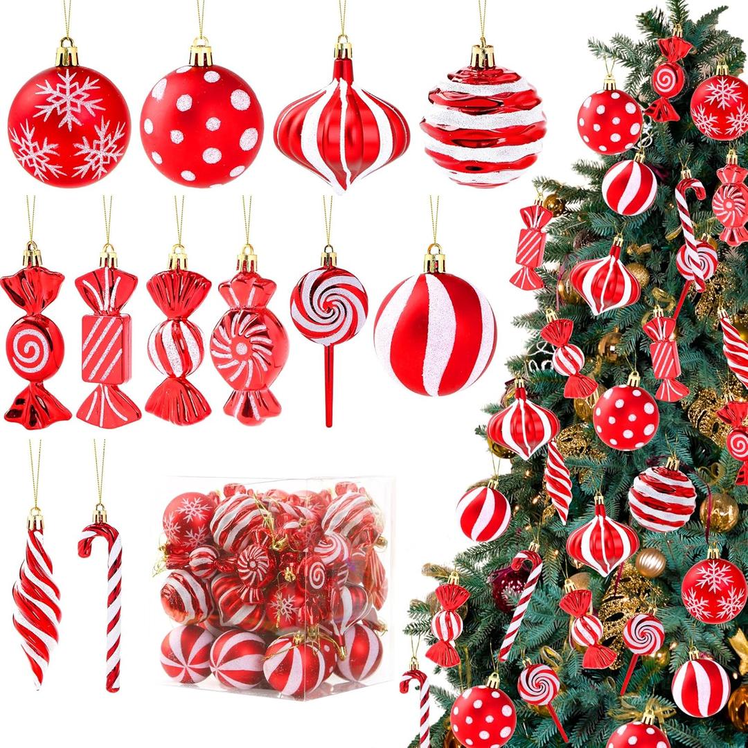 Christmas Candy Cane Lollipop Ornaments for Christmas Tree 48Pcs Xmas Plastic Peppermint Christmas Tree Hanging Ball Pendants for Xmas Party Indoor New Year Holiday Home Decorations (Red)