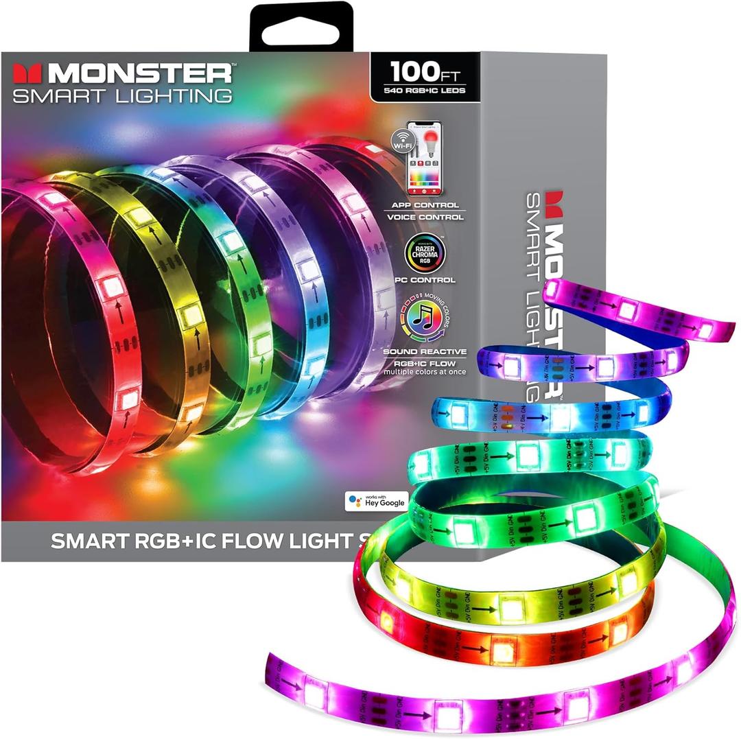 Monster Smart RGB+IC LED Strip Lights 100ft  Sound Reactive Strip Lights for Bedroom, App & Voice Control, RGB Light Strip for Room, Alexa Google Home, Razer Chroma Sync - 540 RGB+IC LED Lights