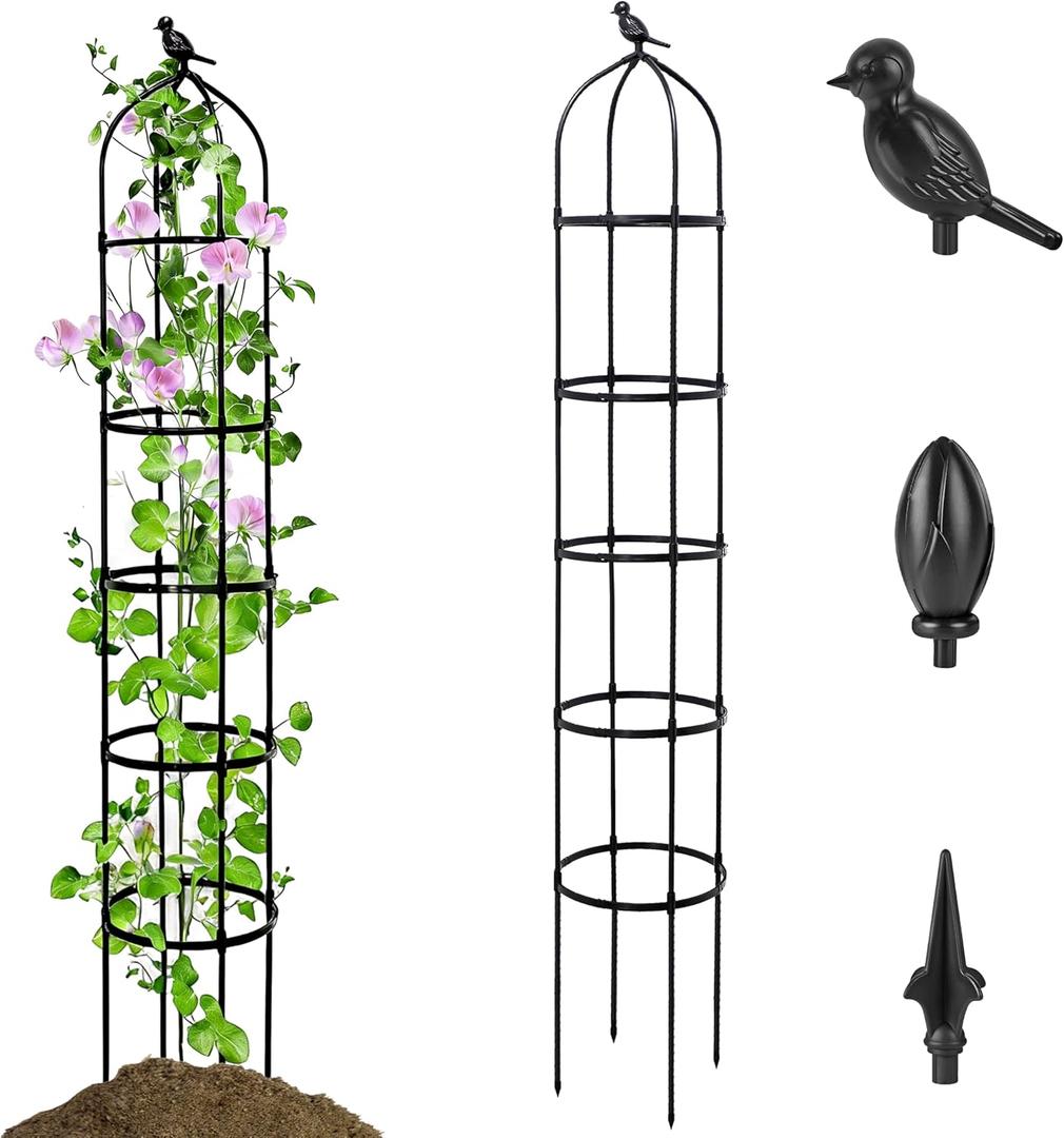 1 Pack Garden Obelisk Trellis for Climbing Plants Outdoor, 6.7FT Adjustable Metal Plant Support with 3 Decorative Tops, Black Rustproof Trellis for Roses, Tomatoes, Clematis & Vines